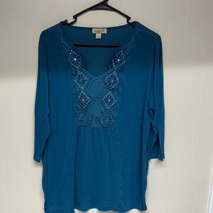 ONE WORLD Teal peasy Blouse with Crochet Detail